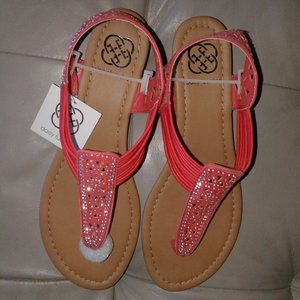 NEW, DARK PINK, EMBELLISHED, ANKLE STRAP W/ STRINGS,  THONG, LADIES SIZE 9.5